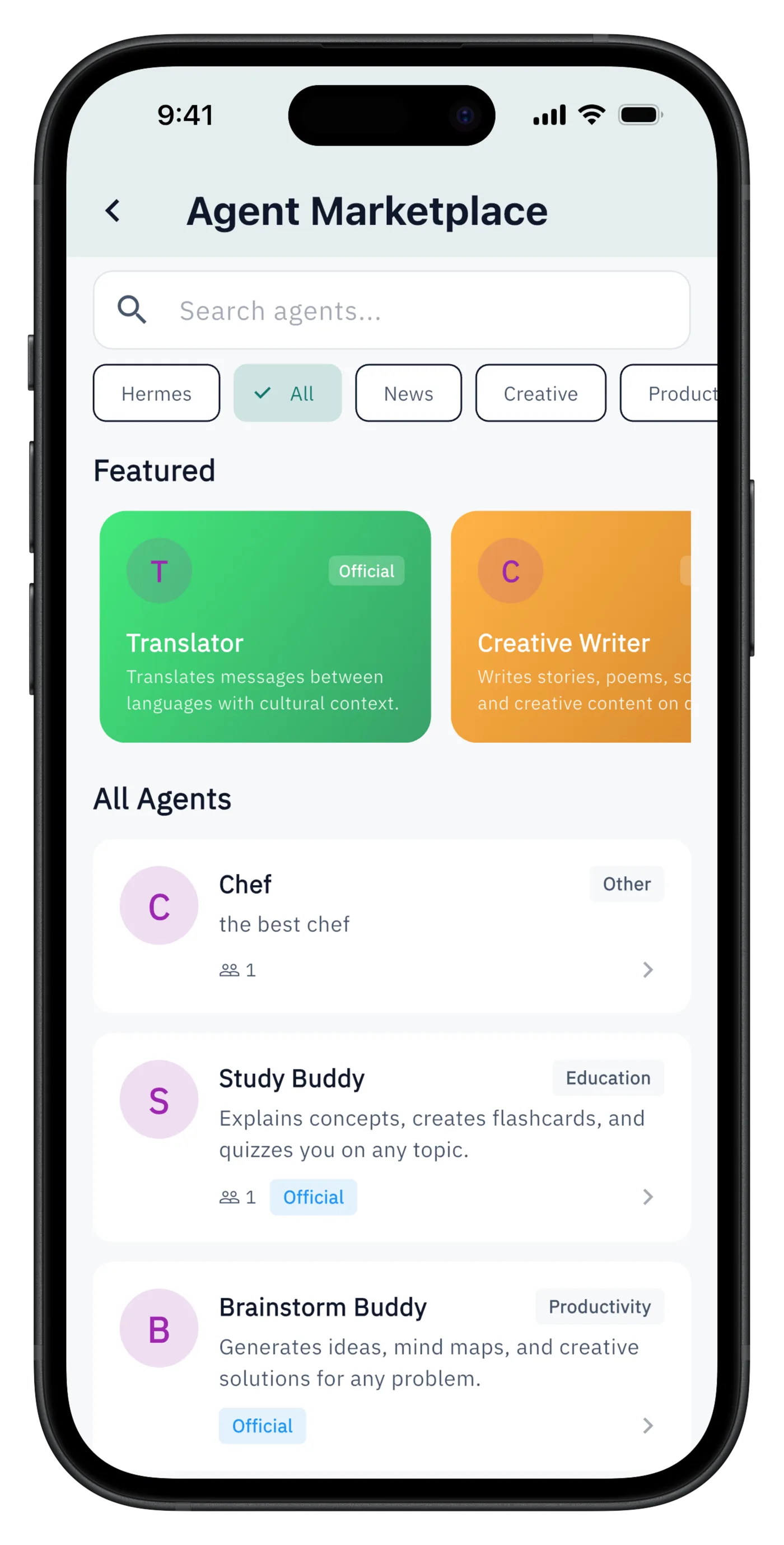 Agent flavors: one-click agent templates organized by category, ready to install into a room.