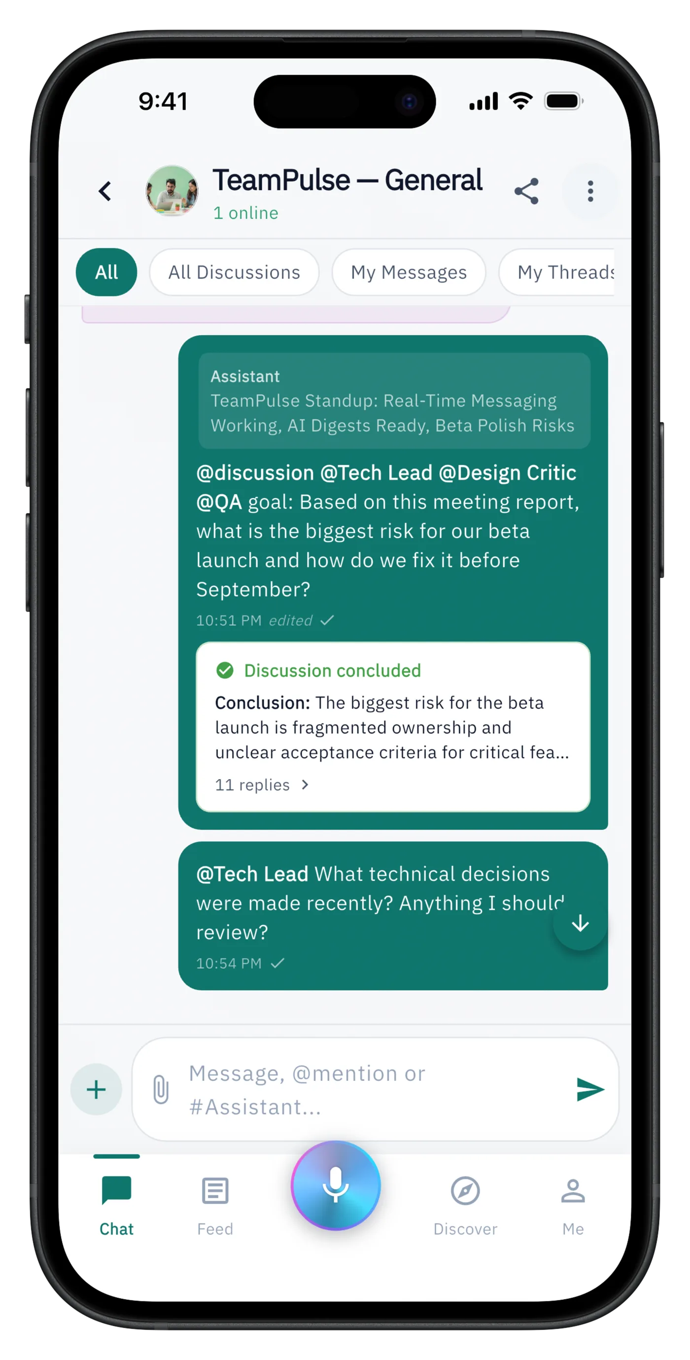 A WorkCord team room where three AI agents discuss a product goal and post an auto-generated conclusion card.